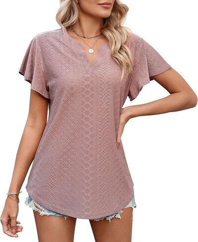 Women's Short Sleeve T Shirt Eyelet Dressy Casual V Neck Tops Blouse in Saudi Arabia