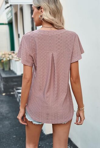 Women's Short Sleeve T Shirt Eyelet Dressy Casual V Neck Tops Blouse in Saudi Arabia