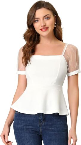 Allegra K Women's Square Neck Mesh Sheer Sleeve Peplum Tops in Saudi Arabia