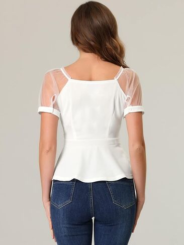 Allegra K Women's Square Neck Mesh Sheer Sleeve Peplum Tops in Saudi Arabia