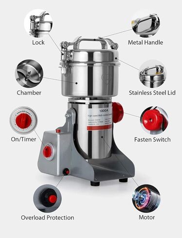 Electric Grain Grinder Mill 1000g, High-speed Commercial Spice Grinder Upgraded Stainless Steel Pulverizer Grinding Machine for Kitchen Dry Spice Herbs Grains Coffee Rice Pepper (1000g Swing Type) in Saudi Arabia