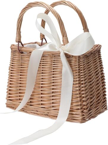 ABOOFAN Wicker Handbag Woven Rattan Basket Purse for Women Top Handle Wedding Flower Girl Baskets Boho Style Beach Bag Straw Tote Bag Summer Clutch Picnic Basket Purse White in Saudi Arabia