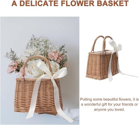 ABOOFAN Wicker Handbag Woven Rattan Basket Purse for Women Top Handle Wedding Flower Girl Baskets Boho Style Beach Bag Straw Tote Bag Summer Clutch Picnic Basket Purse White in Saudi Arabia