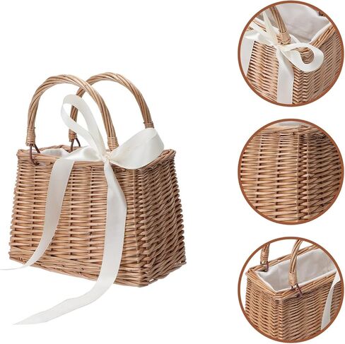 ABOOFAN Wicker Handbag Woven Rattan Basket Purse for Women Top Handle Wedding Flower Girl Baskets Boho Style Beach Bag Straw Tote Bag Summer Clutch Picnic Basket Purse White in Saudi Arabia