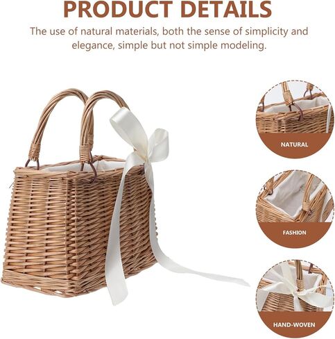 ABOOFAN Wicker Handbag Woven Rattan Basket Purse for Women Top Handle Wedding Flower Girl Baskets Boho Style Beach Bag Straw Tote Bag Summer Clutch Picnic Basket Purse White in Saudi Arabia