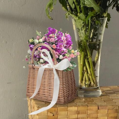 ABOOFAN Wicker Handbag Woven Rattan Basket Purse for Women Top Handle Wedding Flower Girl Baskets Boho Style Beach Bag Straw Tote Bag Summer Clutch Picnic Basket Purse White in Saudi Arabia