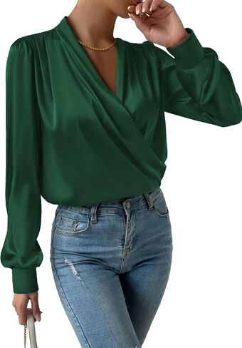 Vrtige Women's Satin Silky Draped Wrap V Neck Ruched Long Sleeve Blouse Shirt Top in Saudi Arabia