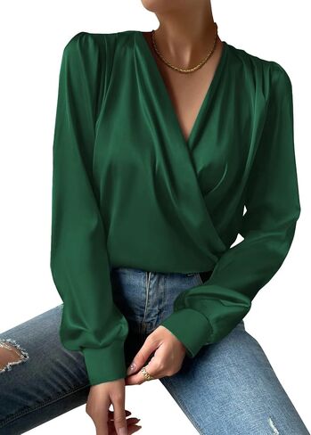 Vrtige Women's Satin Silky Draped Wrap V Neck Ruched Long Sleeve Blouse Shirt Top in Saudi Arabia