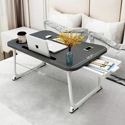 XXL Laptop Table,Portable Lap Table with Beverage Holder and Storage Drawer,Standing Floor Table Adult Work,Folding Laptop Tray for Student Study Writing Eating on Bed Couch Office(27.5"x18.9"x11") in Saudi Arabia