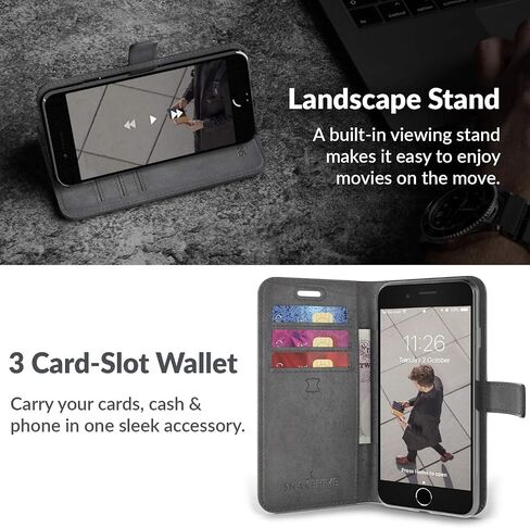Snakehive Vintage Wallet for Apple iPhone SE 2022/ iPhone SE 2020 || Real Leather Wallet Phone Case || Genuine Leather with Viewing Stand & 3 Card Holder || Flip Folio Cover with Card Slot (Black) in Saudi Arabia