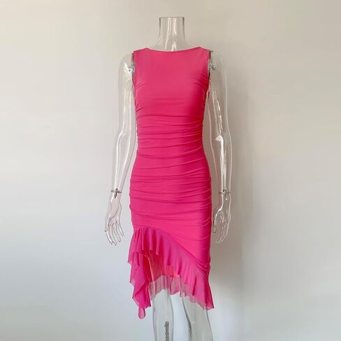 المرأة كشكش هيم مثير Ruched Bodycon الصيف شبكة تانك فستان حفلة كلوبوير in Saudi Arabia