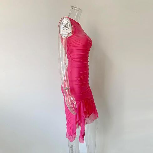 المرأة كشكش هيم مثير Ruched Bodycon الصيف شبكة تانك فستان حفلة كلوبوير in Saudi Arabia