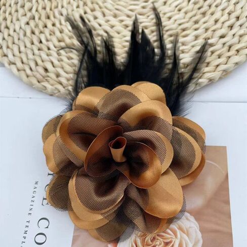Flower Brooch Pin Silks Wonderful Rose Camellia Feather Charm Fashion Beautiful Created Clip Hair Flowers Brooches Accessories Idea for Party Dance Wedding Banquet for Elegant Women Girl Gift in Saudi Arabia