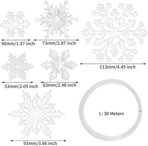30 Pieces Christmas Acrylic Snowflake Ornaments Crystal Xmas Snowflake Decorations Winter Snow Theme Acrylic Christmas Tree Pendant Party Supplies, 6 Assorted Sizes with Hanging Rope (Clear) in Saudi Arabia