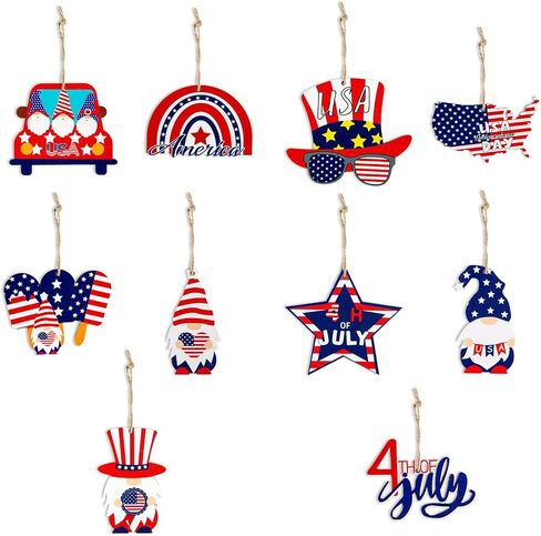20Pcs 4th of July Ornaments for Tree USA Independence Day Wooden Patriotic Ornaments Gnome Star American Flag Map Designs Hanging Ornaments for Memorial Day Veterans Day Decorations Party Supplies in Saudi Arabia