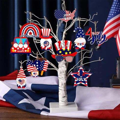 20Pcs 4th of July Ornaments for Tree USA Independence Day Wooden Patriotic Ornaments Gnome Star American Flag Map Designs Hanging Ornaments for Memorial Day Veterans Day Decorations Party Supplies in Saudi Arabia