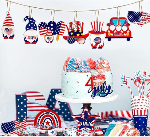 20Pcs 4th of July Ornaments for Tree USA Independence Day Wooden Patriotic Ornaments Gnome Star American Flag Map Designs Hanging Ornaments for Memorial Day Veterans Day Decorations Party Supplies in Saudi Arabia
