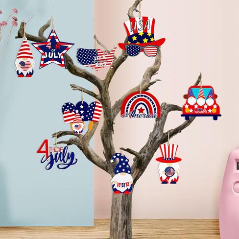 20Pcs 4th of July Ornaments for Tree USA Independence Day Wooden Patriotic Ornaments Gnome Star American Flag Map Designs Hanging Ornaments for Memorial Day Veterans Day Decorations Party Supplies in Saudi Arabia