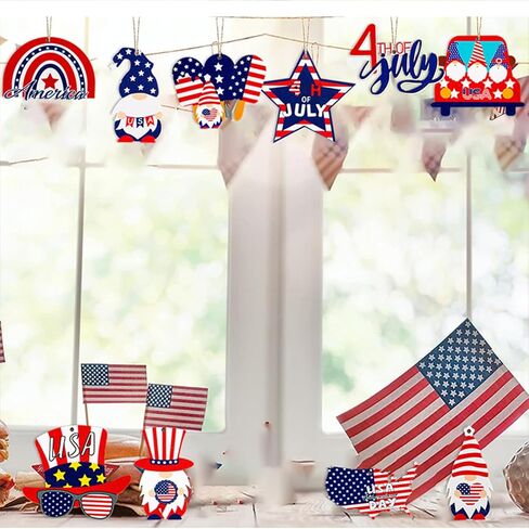 20Pcs 4th of July Ornaments for Tree USA Independence Day Wooden Patriotic Ornaments Gnome Star American Flag Map Designs Hanging Ornaments for Memorial Day Veterans Day Decorations Party Supplies in Saudi Arabia