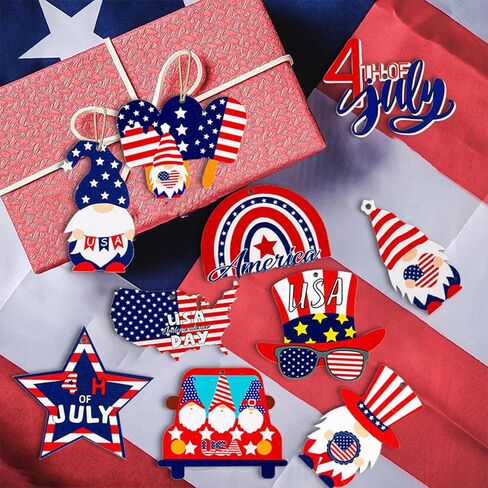 20Pcs 4th of July Ornaments for Tree USA Independence Day Wooden Patriotic Ornaments Gnome Star American Flag Map Designs Hanging Ornaments for Memorial Day Veterans Day Decorations Party Supplies in Saudi Arabia