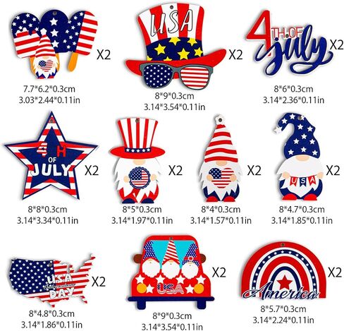 20Pcs 4th of July Ornaments for Tree USA Independence Day Wooden Patriotic Ornaments Gnome Star American Flag Map Designs Hanging Ornaments for Memorial Day Veterans Day Decorations Party Supplies in Saudi Arabia