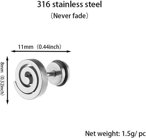 16G Spiral Swirl Screw Back Small Stud Earrings for Men Women Punk Minimalist Geometric Surgical Steel Cartilage Tragus Piercing Sleeper Studs Hypoallergenic for Sensitive Ears Gift in Saudi Arabia