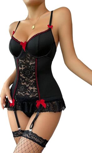 Lilosy Sexy Bows Ruffle Bustier Corset Underwire Push Up Floral Lace Mesh Sheer Babydoll Maid Lingerie Women Teddy Bodysuit Set Nightshirt See Through Boudoir Outfits Garter 3 Piece Black and Red L in Saudi Arabia