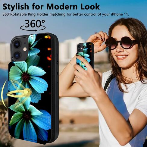 TopPerfekt متوافق مع حافظة محفظة iPhone 11 مع حامل بطاقة، حامل حلقة إصبع يدور 360 درجة، مسند واقٍ من RFID يحجب جلد البولي يوريثان، غطاء قلاب بأزرار مزدوجة 6.1 بوصة زهري in Saudi Arabia