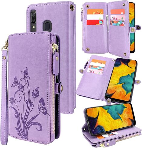 Lacass [Cards Theft Scan Protection Card Slots Holder Zipper Wallet Case Flip Leather Cover Wrist Strap Stand Carrying Pouch for Samsung Galaxy A20/A30/A50(Floral Purple) in Saudi Arabia