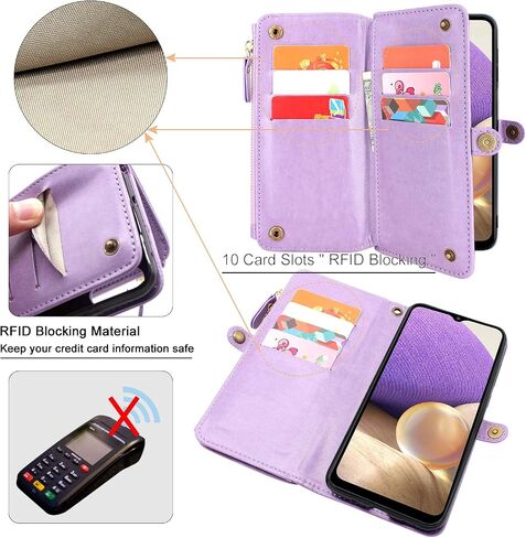 Lacass [Cards Theft Scan Protection Card Slots Holder Zipper Wallet Case Flip Leather Cover Wrist Strap Stand Carrying Pouch for Samsung Galaxy A20/A30/A50(Floral Purple) in Saudi Arabia