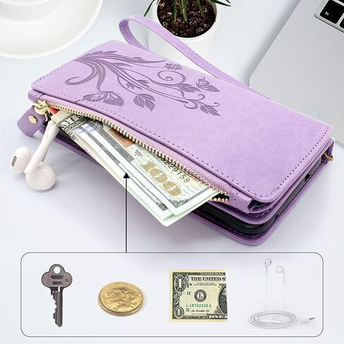 Lacass [Cards Theft Scan Protection Card Slots Holder Zipper Wallet Case Flip Leather Cover Wrist Strap Stand Carrying Pouch for Samsung Galaxy A20/A30/A50(Floral Purple) in Saudi Arabia