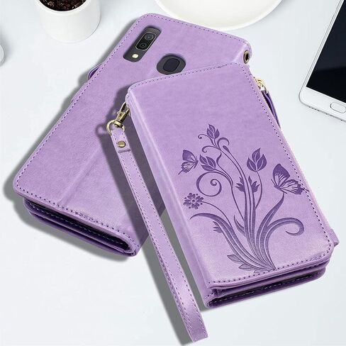 Lacass [Cards Theft Scan Protection Card Slots Holder Zipper Wallet Case Flip Leather Cover Wrist Strap Stand Carrying Pouch for Samsung Galaxy A20/A30/A50(Floral Purple) in Saudi Arabia