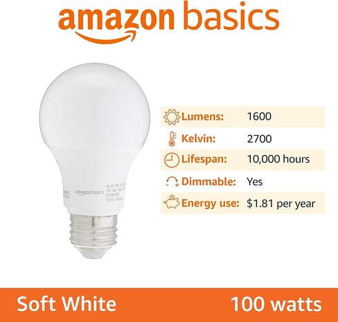 Amazon Basics - لمبة إضاءة LED A19، بيضاء ناعمة، 12 وات (ما يعادل 75 وات)، قابلة لتعديل الضوء، عمر افتراضي يصل إلى 10,000 ساعة، 6 عبوات in Kuwait