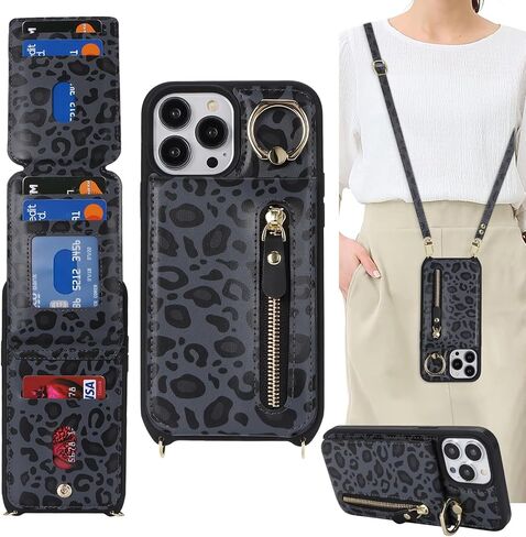 iphone 13 pro max case with strap, iPhone 13 pro max Case with Card Holder Credit Card Slots Crossbody with Zipper Case for iphone 13 pro max wallet case for women - Black in Saudi Arabia