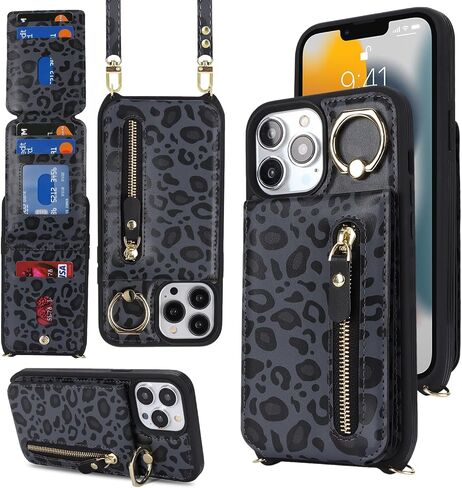 iphone 13 pro max case with strap, iPhone 13 pro max Case with Card Holder Credit Card Slots Crossbody with Zipper Case for iphone 13 pro max wallet case for women - Black in Saudi Arabia