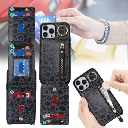 iphone 13 pro max case with strap, iPhone 13 pro max Case with Card Holder Credit Card Slots Crossbody with Zipper Case for iphone 13 pro max wallet case for women - Black in Saudi Arabia