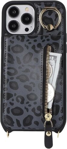 iphone 13 pro max case with strap, iPhone 13 pro max Case with Card Holder Credit Card Slots Crossbody with Zipper Case for iphone 13 pro max wallet case for women - Black in Saudi Arabia