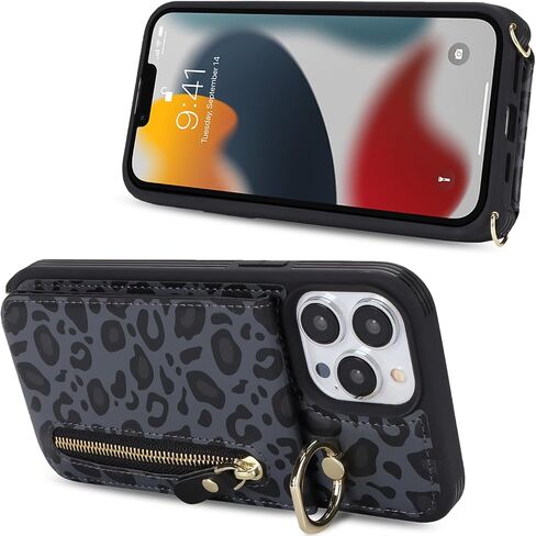 iphone 13 pro max case with strap, iPhone 13 pro max Case with Card Holder Credit Card Slots Crossbody with Zipper Case for iphone 13 pro max wallet case for women - Black in Saudi Arabia