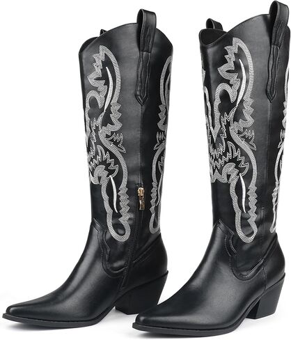 COLETER Cowboy Boots for Women, Knee High Embroidered Boots Almond Toe Chunky Heel Zipper Cowgirl Boots in Saudi Arabia