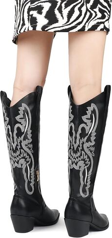 COLETER Cowboy Boots for Women, Knee High Embroidered Boots Almond Toe Chunky Heel Zipper Cowgirl Boots in Saudi Arabia