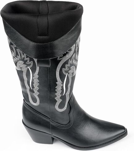 COLETER Cowboy Boots for Women, Knee High Embroidered Boots Almond Toe Chunky Heel Zipper Cowgirl Boots in Saudi Arabia