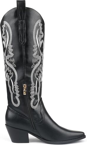 COLETER Cowboy Boots for Women, Knee High Embroidered Boots Almond Toe Chunky Heel Zipper Cowgirl Boots in Saudi Arabia