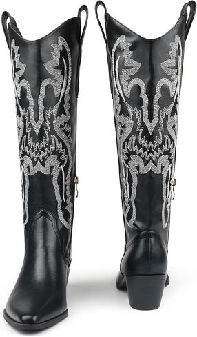 COLETER Cowboy Boots for Women, Knee High Embroidered Boots Almond Toe Chunky Heel Zipper Cowgirl Boots in Saudi Arabia