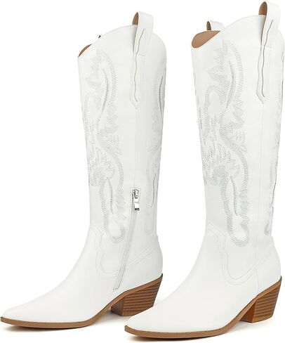 COLETER Cowboy Boots for Women, Knee High Embroidered Boots Almond Toe Chunky Heel Zipper Cowgirl Boots in Saudi Arabia