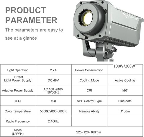 COB LED Video Light, 200W, 3200K-5600K Color Temperature, CRI 97+, TLCI 98+, 6 Lighting Effects for Video, Photography, Live Streaming in Saudi Arabia