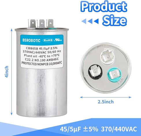 Industrial Grade CBB65B AC Capacitor for HVAC - 45uf, 370-450VAC, 50/60Hz Run Capacitor for AC Motor, Condenser, Heat Pump in Kuwait