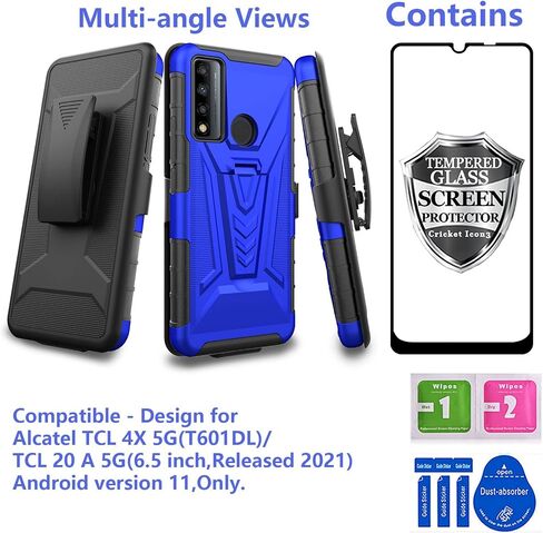 Ailiber Case for TCL 4X 5G(T601DL), Alcatel TCL 20A 5G (T768S) Case Holster with Screen Protector, Swivel Belt Clip Holster with Kickstand, Heavy Duty Full Body Shockproof Phone Cover for TCL 4X-Black in Kuwait