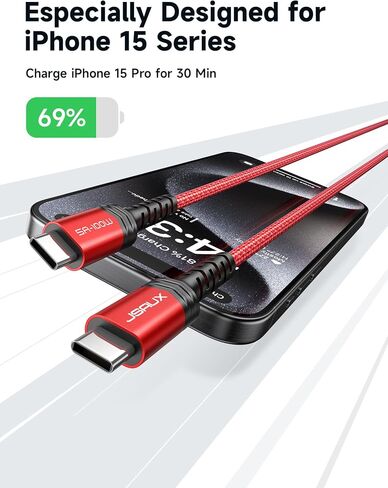 JSAUX 100W USB C to USB C Cable, 2-Pack 6.6FT, 5A Fast Charging, Red in Kuwait
