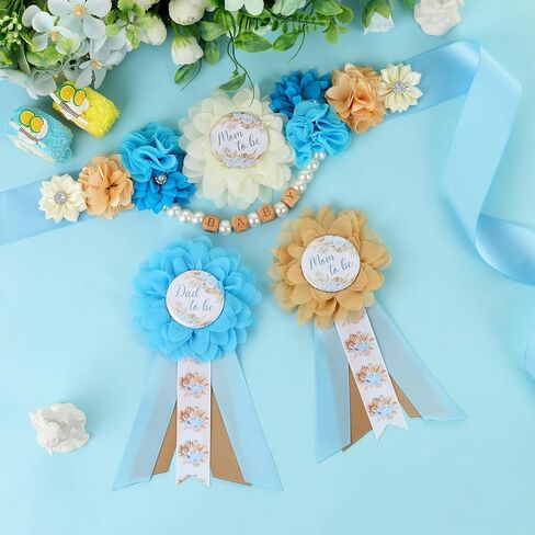 مجموعة وشاح الأمومة من JOYMEMO Green Boho Pampas Grass Baby Shower Maternity - حزام البطن المزين بالزهور من Pampas ودبابيس للأم تو بي والأب تو بي، لوازم حفلات الحمل الجديدة للآباء والأمهات in Saudi Arabia