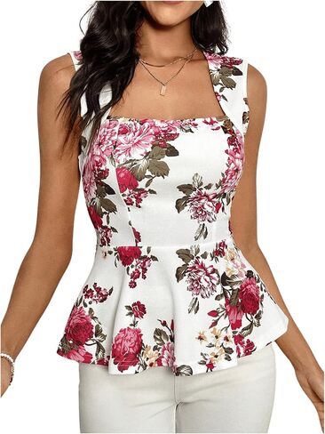 Floerns Women's Square Neck Peplum Tank Top Sleeveless Ruffle Hem Solid Elegant Tops in Saudi Arabia